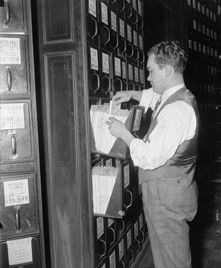 How a bill become a law. At the same time that the bill is sent to the committee , it is also filed in the document room circa 1937 or 1938 .