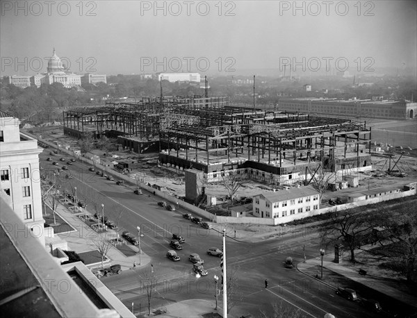 Construction of the new National Gallery of Art, a gift of the late Andrew Mellon to the United Stated Government circa 1938.