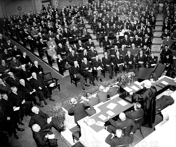 Chief Justice Hughes addressing the Joint Congressional Session on 150th Anniversary of the Congress circa March 1939.