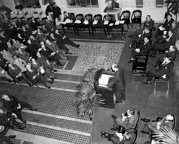 Attorney General Frank Murphy addressing the opening session of the Attorney Generals Conference of United States Attorneys at the Department of Justice circa 1939.