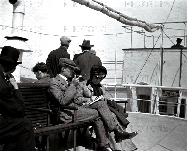 Passengers on the upper deck of the steamship Alberta, taken 1907.