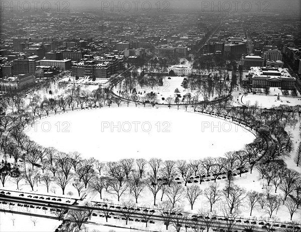 Aerial view of White House in snow, Washington, D.C. circa 1934.