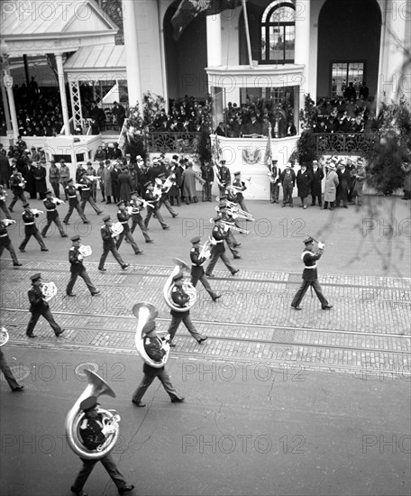 Franklin D. Roosevelt - Franklin D. Roosevelt inauguration. Parade and presidential viewing stand. Washington, D.C. Band passing review stand circa March 4, 1933.