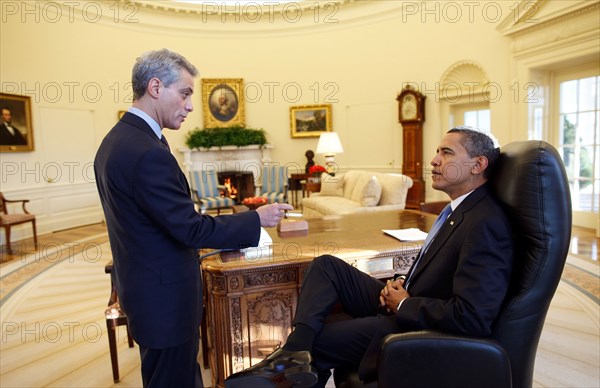 President Barack Obama meets alone with Chief of Staff Rahm Emanuel in the Oval Office on his first full day in office. 1/21/09 .