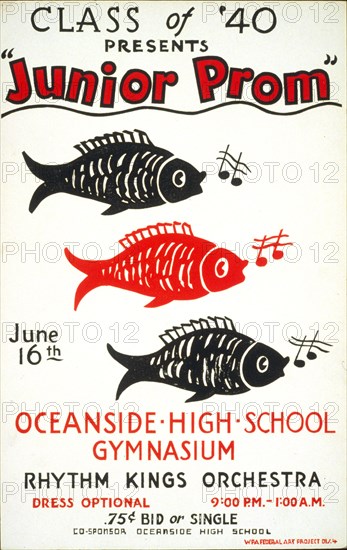 Class of '40 presents 'Junior prom' Oceanside High School gymnasium : Rhythm Kings Orchestra. circa 1939.