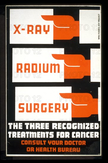X-Ray, radium, surgery - the three recognized treatments for cancer Consult your doctor or health bureau. circa 1939.