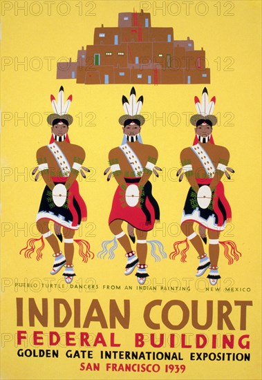 Indian court, Federal Building, Golden Gate International Exposition, San Francisco, 1939 Pueblo turtle dancers from an Indian painting, New Mexico circa 1939.