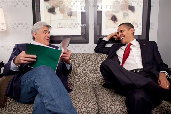 President Barack Obama shares a moment with Jay Leno off set of the Tonight Show at NBC Studios, Burbank, California 3/19/09..