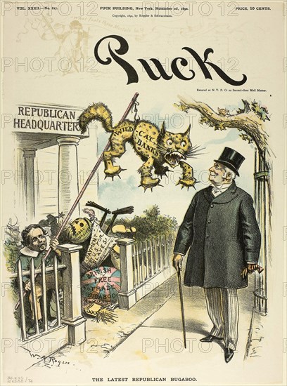1892 Art Work -  The Latest Republican Bugaboo; from Puck - William Allen Rogers.