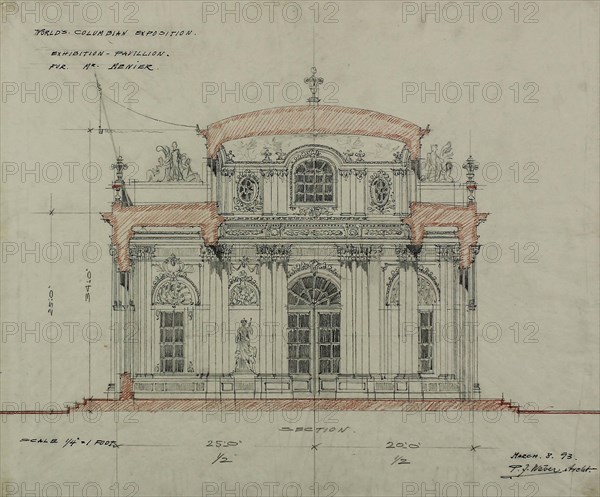 1893 Art Work - Chocolate-Menier Pavilion; World's Colombian Exposition; Chicago; Illinois; Section Sketch Peter Joseph Weber (Architect).