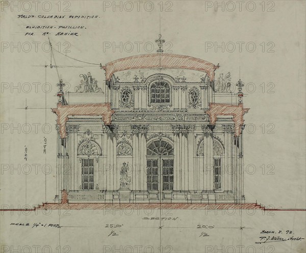 1893 Art Work -  Chocolate-Menier Pavilion; World's Colombian Exposition; Chicago; Illinois; Section Sketch Peter Joseph Weber (Architect).