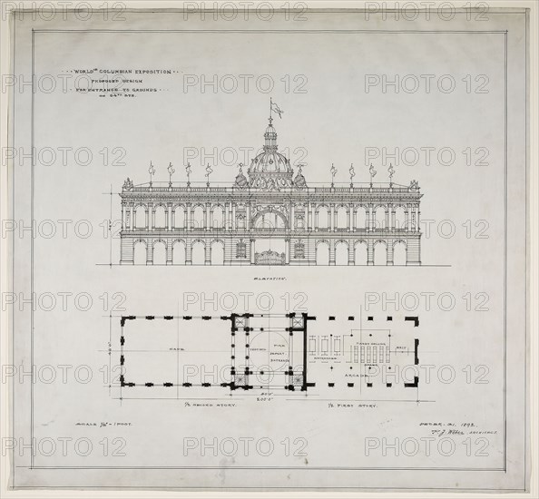 1892 Art Work -  World's Colombian Exposition 64th Street Entrance; Chicago; Illinois; Plan and Elevation Peter Joseph Weber (Architect).