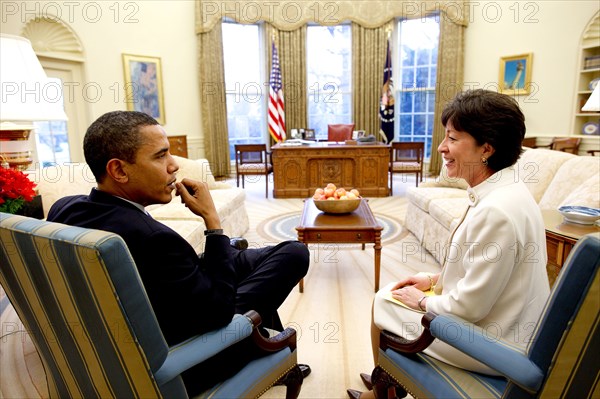 President Barack Obama meets with Senator Susan Collins (R-Maine) in the Oval Office. Collins was one of three Republican Senators who  voted for the stimulus bill 2/4/09. .