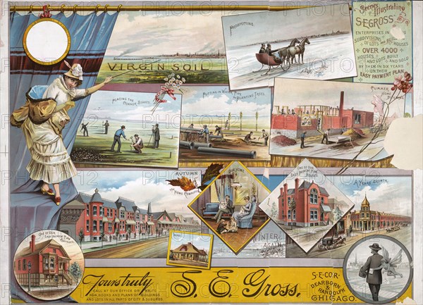 Print of advertisement for S.E. Gross showing steps in the real estate development process, from locating a piece of land to offering the finished home for sale circa 1848.
