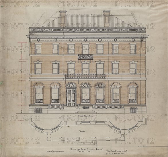 1892 Art Work -  Bryan Lathrop House; Chicago; Illinois; Front Elevation and Terrace Plan McKim; Mead & White (Architect).