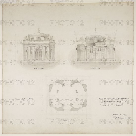 1893 Art Work -  World's Colombian Exposition Chocolate-Menier Pavilion; Chicago; Illinois; Plan; Elevation; and Section Peter Joseph Weber (Architect).