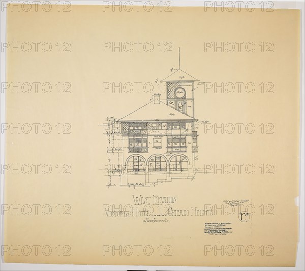 1892 Art Work - Victoria Hotel; Chicago Heights; Illinois; West Elevation Adler & Sullivan; Architects (Architect).