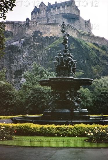West Princes Street Gardens, Ross Fountain in the foreground and Edinburgh Castle in background circa August 1973.