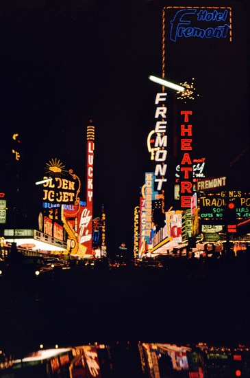 1960s Las Vegas Casinos - Casino signs on the Vegas Strip taken through a car windshield circa 1966.