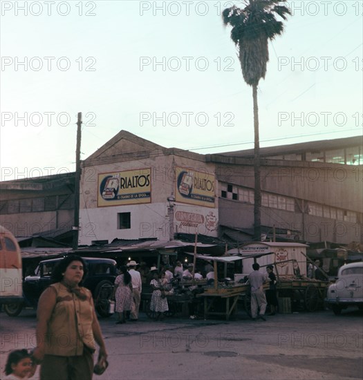 Market place / grocery store in Monterrey Mexico circa March 1957.