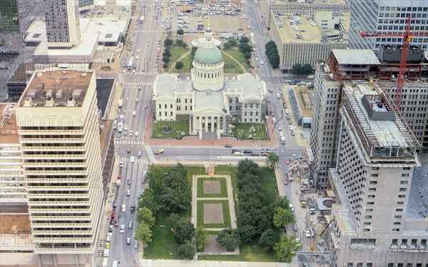 View of downtown St. Louis from the Gateway Arch circa 1985.