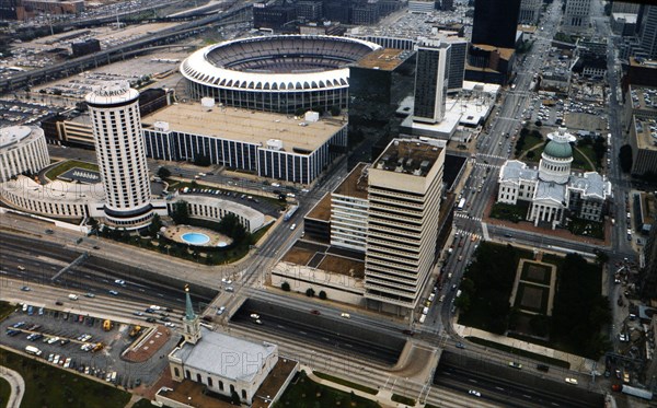 Busch Stadium as seen from the Gateway Arch in St. Louis circa 1985.