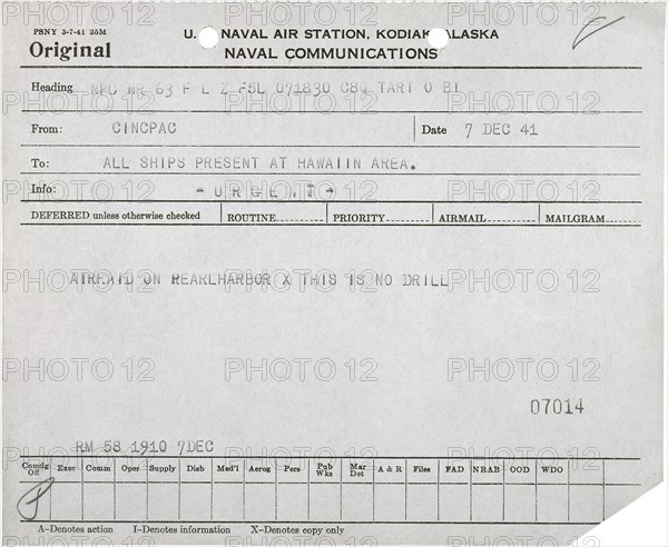 Telegram Reporting Pearl Harbor Attack