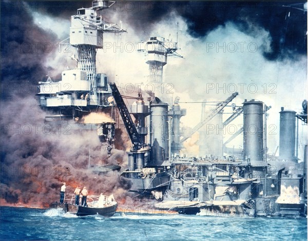 Thick Smoke Rolls Off Damaged Ship  at Pearl Harbor