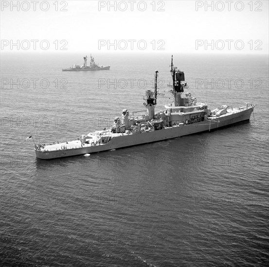1976 - An aerial starboard quarter view of the guided missile cruiser USS HALSEY