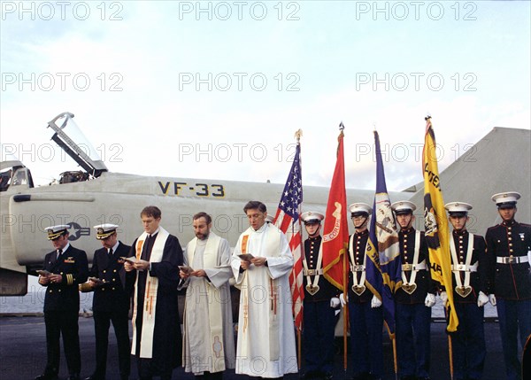 Memorial service on the flight deck of the aircraft carrier USS INDEPENDENCE