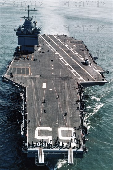 1978 - An aerial bow view of the nuclear-powered aircraft carrier USS ENTERPRISE