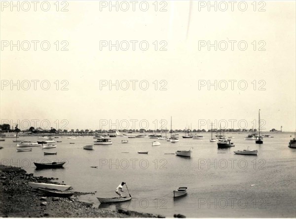 Scituate Harbor in Massachusetts scattered with small fishing boats. 1939.