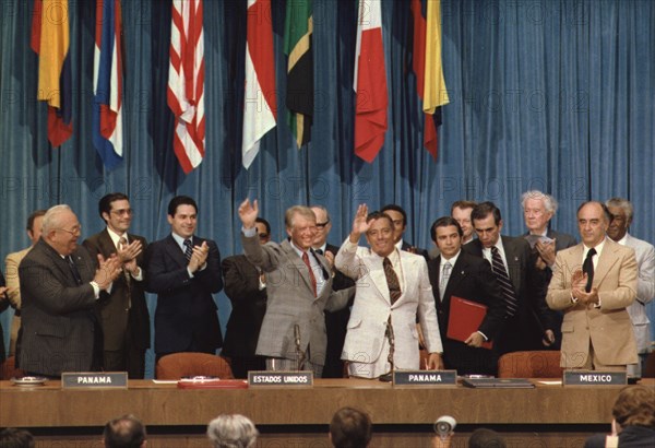 Jimmy Carter and Omar Torrijos at the signing of the Panama Canal Treaty.