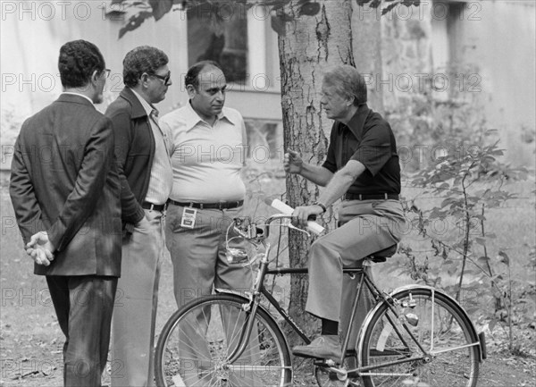 Jimmy Carter with members of the Israeli delegation at Camp David.