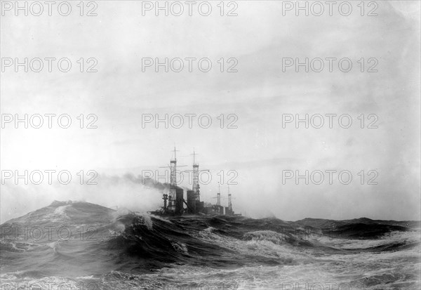 U.S. Navy Battleship caught in a storm at sea