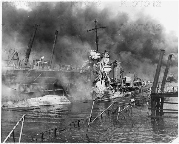 World War II Photo - U.S.S. Shaw burning in drydock Pearl Harbor.