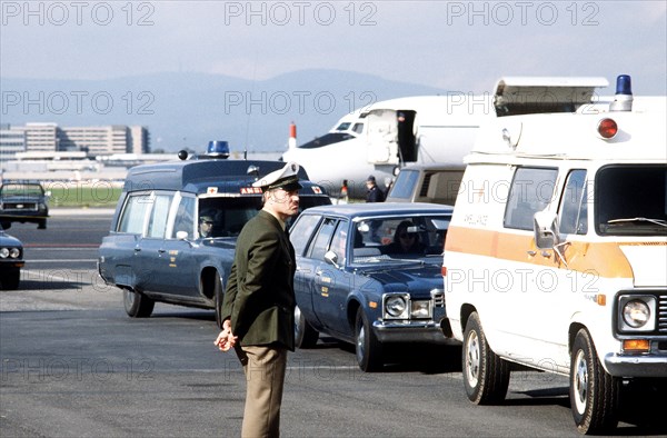 1981 - A convoy of ambulances departs the ramp area for a trip to Wiesbaden Hospital