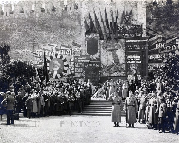 Lenin with comrades at a May Day rally in Red Square, May 1919