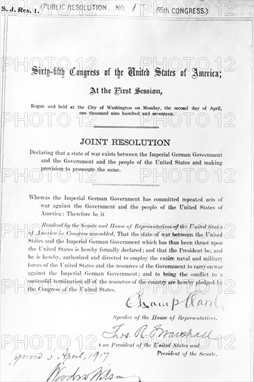 Woodrow Wilson War Resolution ca. 1917