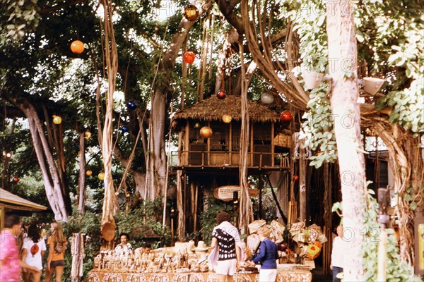 Tourists shop in an outdoor market area of Oahu Hawaii