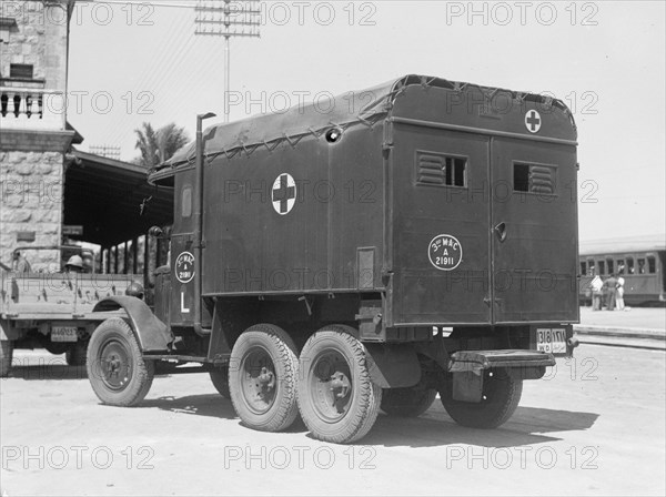 Palestine disturbances of 1936,  Army ambulance in the street.