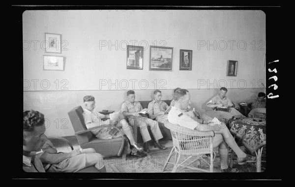 YMCA Hostel, interior, lounge, group of troops (likely in Jerusalem) ca. between 1940 and 1946
