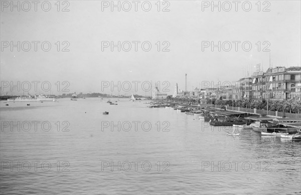 Quay of Port Said in Egypt and landing place where many boats are docked ca. 1900
