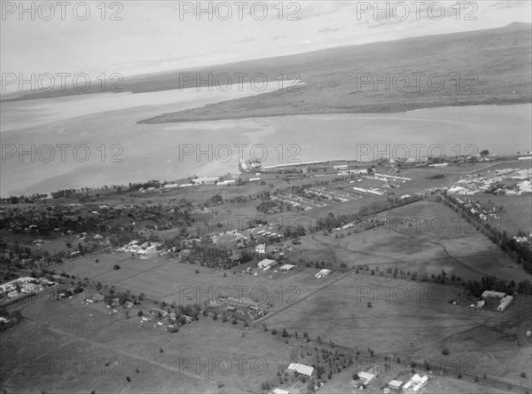 Aerial view of Kisumu, Kenya just before landing ca. 1936