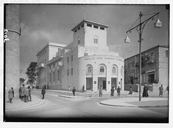 Newer Jerusalem and suburbs street scene. New municipal building occupied by Barclay's Bank and the municipality ca. 1932