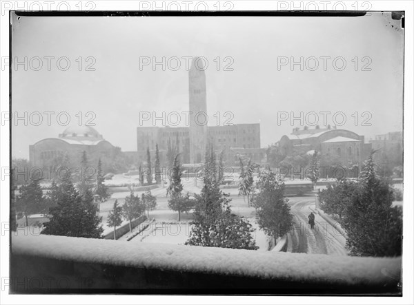 The Y bldg (YMCA) and the King David Hotel on a snowy day in Jerusalem taken Jan. 30, 1943