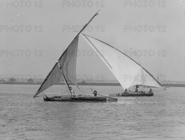 Sailed Falukas boats on the Nile, near Cairo Egypt, typical triangular sails ca. 1934