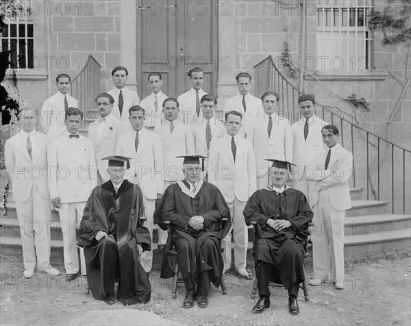 Group portrait of professors and students in front of a building in Israel ca. between 1910 and 1946