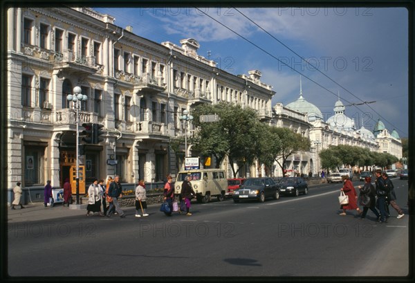 Chernavinskii Prospekt (now Lenin Street), Moscow Trading Rows (1904), and Vikula Morozov Building, with Volga-Kama Bank of Commerce (1904), illustrate the development of Omsk as a major Siberian business center before World War I, Omsk, Russia 1999.