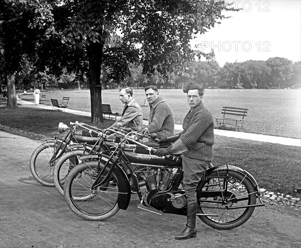 Motorcycle team, three men on motorcycles ca. between 1910 and 1926